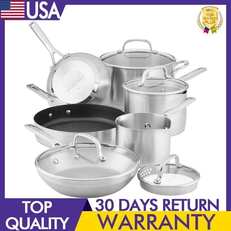 3-Ply Cookware Pots Pans Set W/ Lids Stainless Steel Kitchen Durable 10 Pieces
