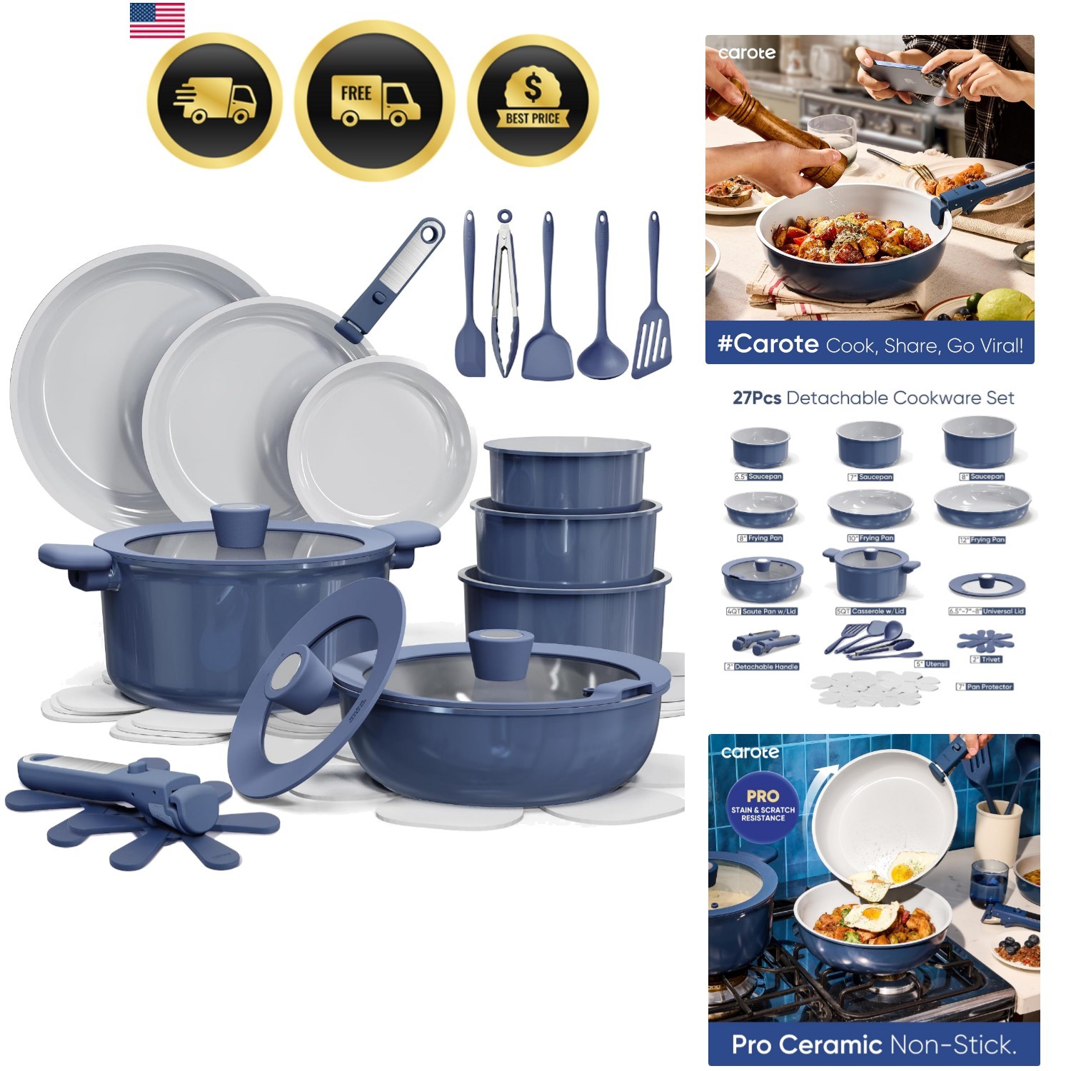 Ceramic Cookware Set Nonstick Pots Pans Detachable Handles Safe Dishwasher Blue