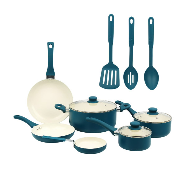 Mainstays 12Pc Ceramic Nonstick Aluminum Cookware Pots & Pans Set Blue