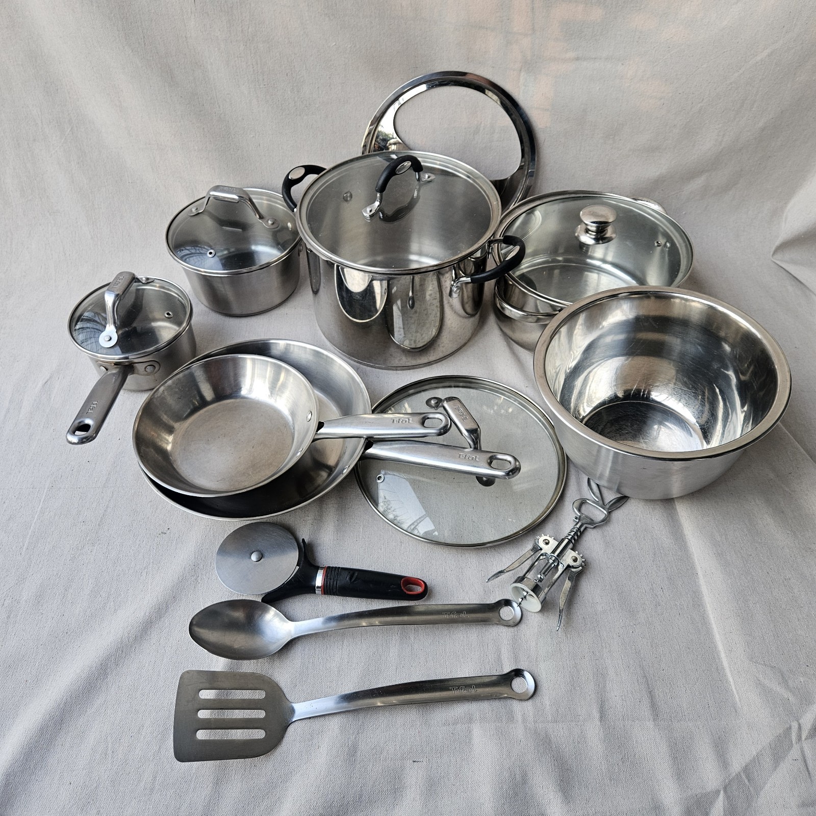 T-fal Stainless Steel Cookware Lot w/ Pots, Pans, Lids & Kitchen Utensils