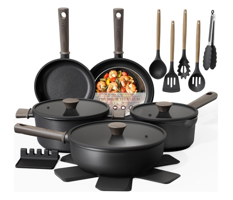 Astercook Non-Stick Pots and Pans Set, Healthy Non-Toxic Kitchen Set 19PCS