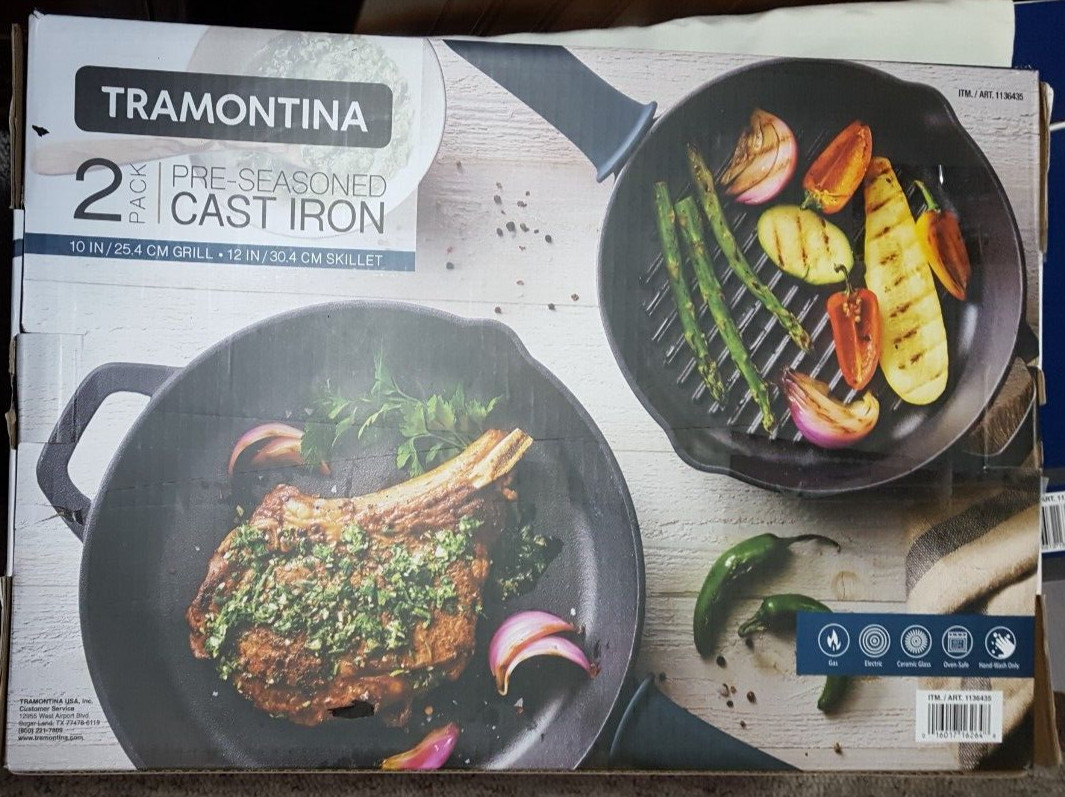 Tramontina 2-piece Cast Iron 12″ Skillet And 10″ Grill Pan With Handle Covers