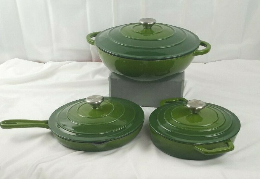 COOKS ESSENTIAL GREEN CAST IRON POT 1.5 QT & 4 QT, FRYING PAN 1 QT ALL W/LIDS