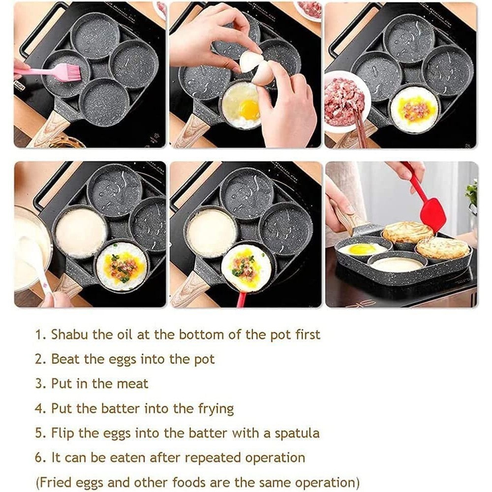 4 Holes Egg Fry Pan Pancake Maker Non-stick Egg Hamburger Pan W/ Wooden Handle