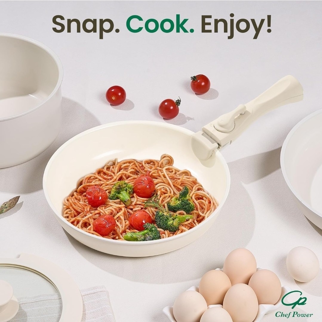 Chef Power Ceramic Nonstick Pot and Pan Set with Detachable Handle – Cream White