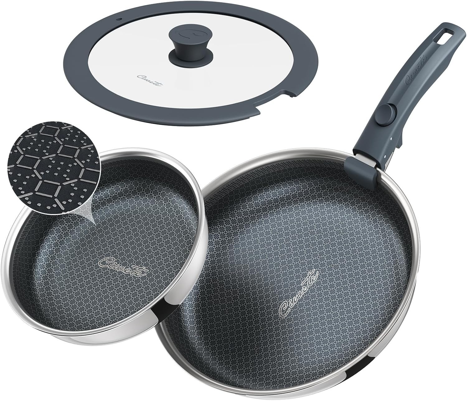 Ciwete 4-Piece Hybrid Nonstick Frying Pan Set w/ Detachable Handle Lid Induction