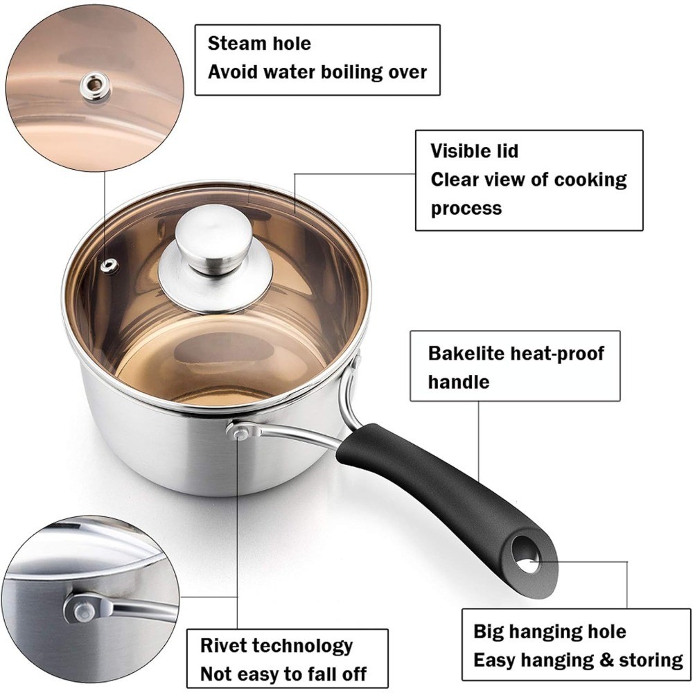 Small Stainless Steel Saucepan with Glass Lid, 1 Quart Single Pot for Cooking,