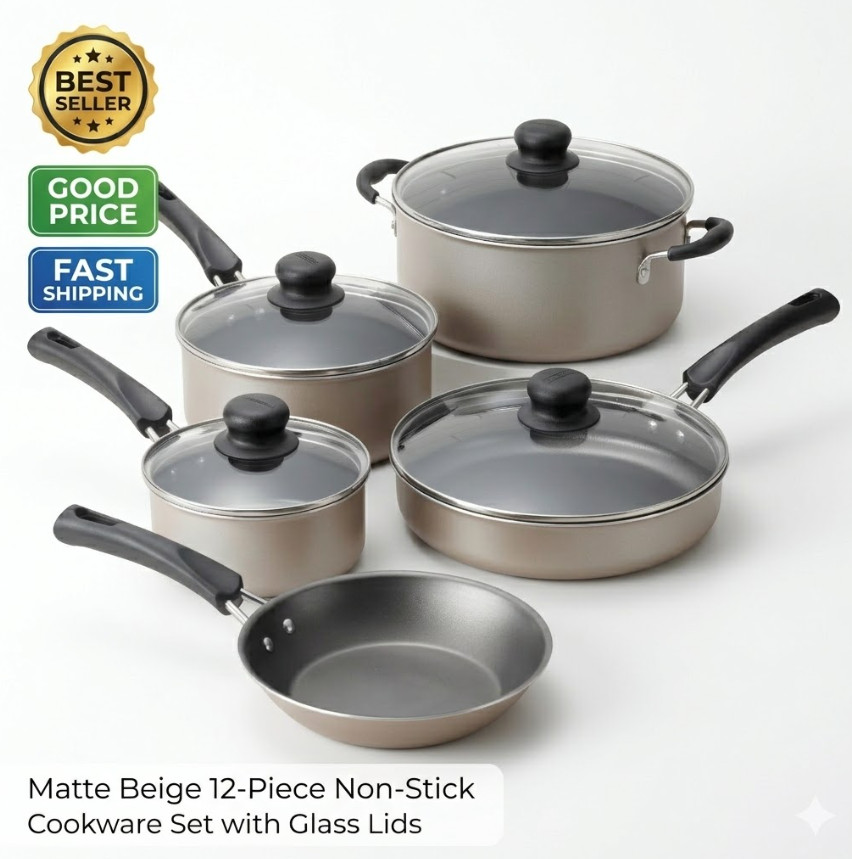 9-Piece Nonstick Cookware Set Champagne Finish Durable Pots and Pans Kitchen