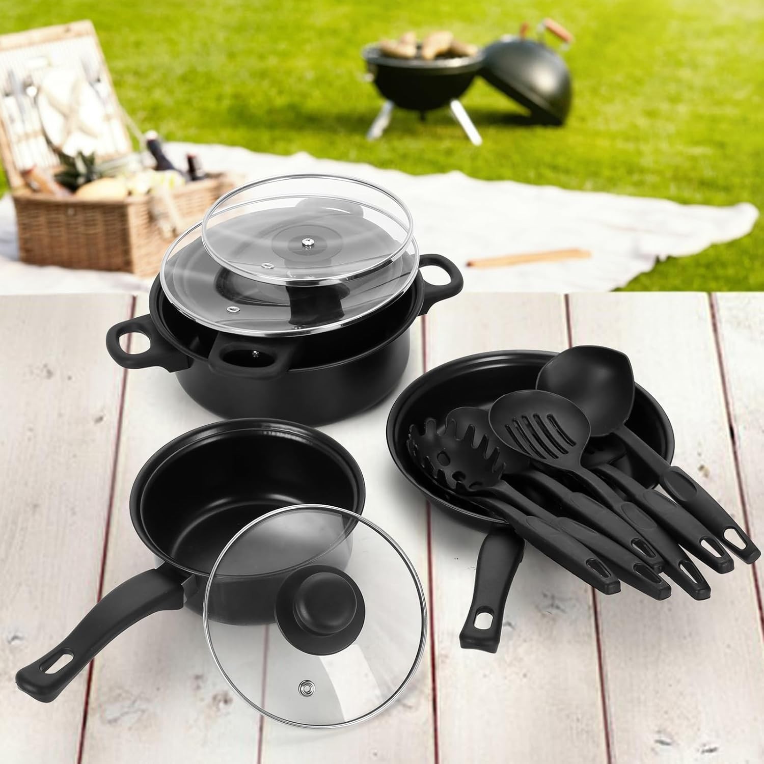 13 Piece Cookware Set Nonstick Pots & Pans Home Kitchen Cooking Non Stick, Black
