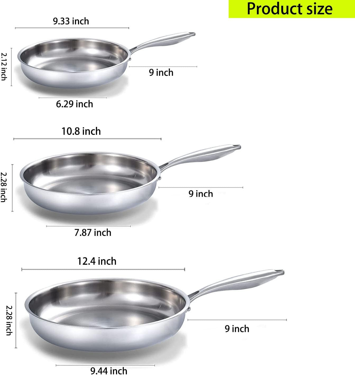 Tri-Ply Stainless Steel Frying Pan Set – 8”/10”/12” for All Stoves
