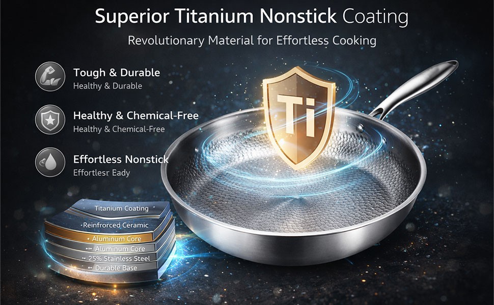 Pure Titanium Hammered Frying Pan with Lid, 12 Inch Skillet, No Coating