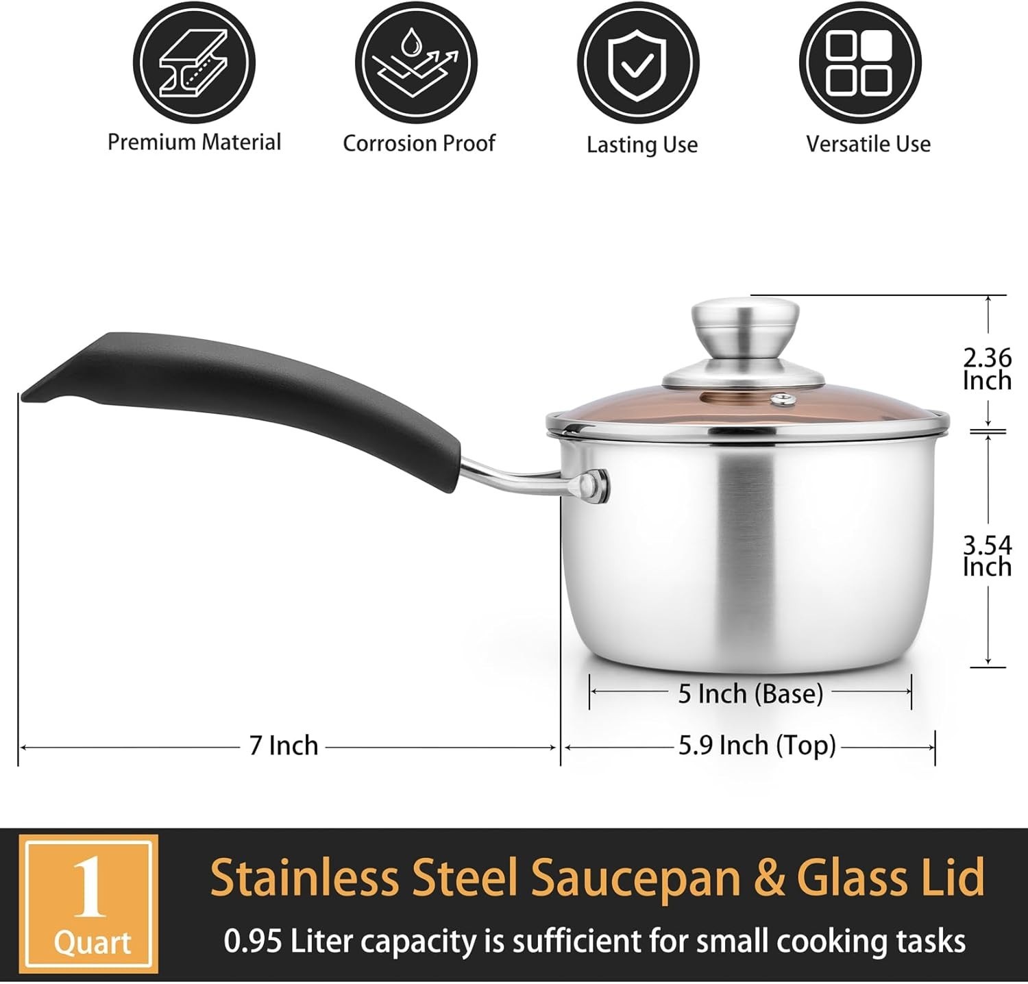 1 Quart Saucepan Small Pot, Stainless Steel Saucepan with Lid, Small Sauce Pa…