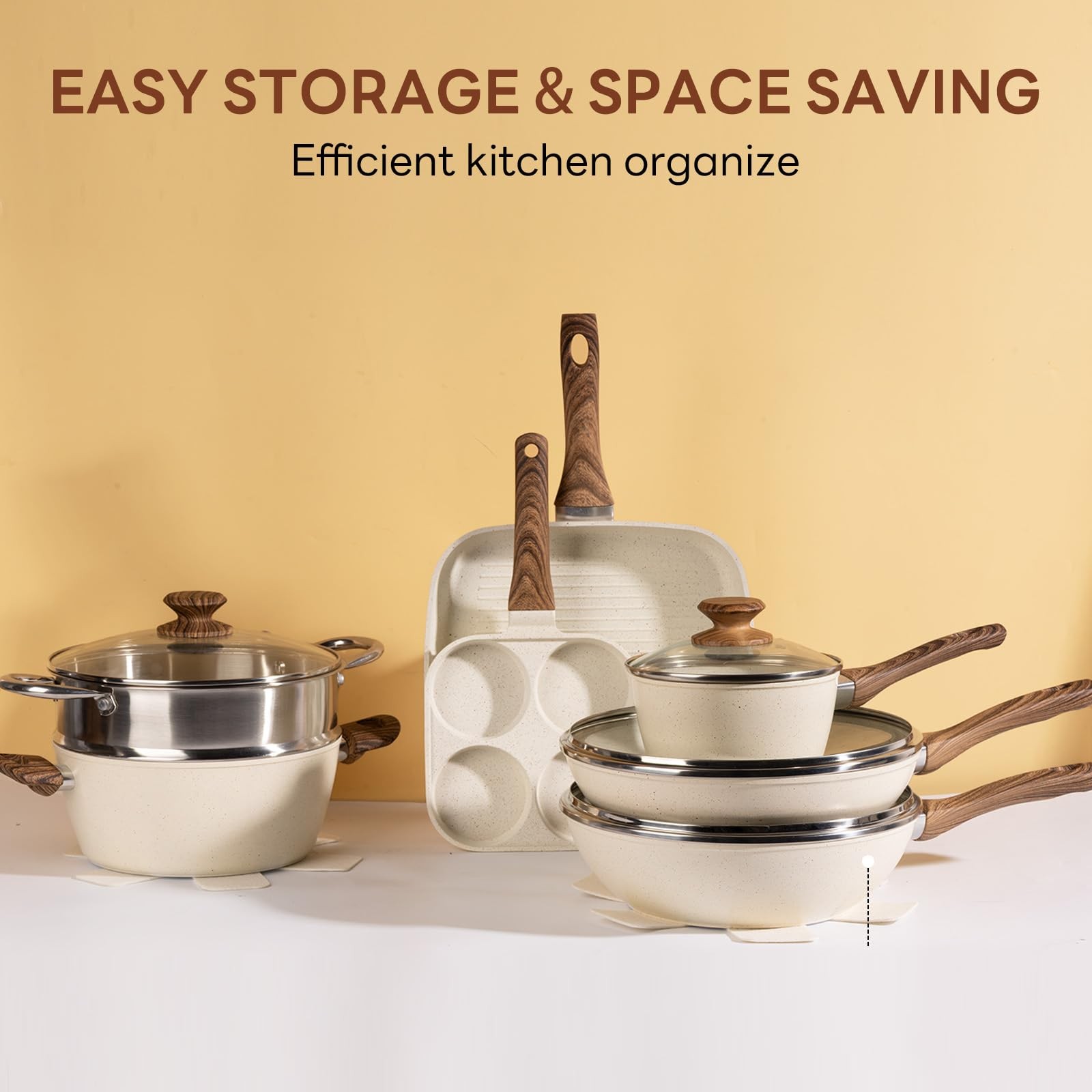 17 Pcs Nonstick Pots and Pans Set Stay-Cool Handle Induction Beige _ SALE OFF
