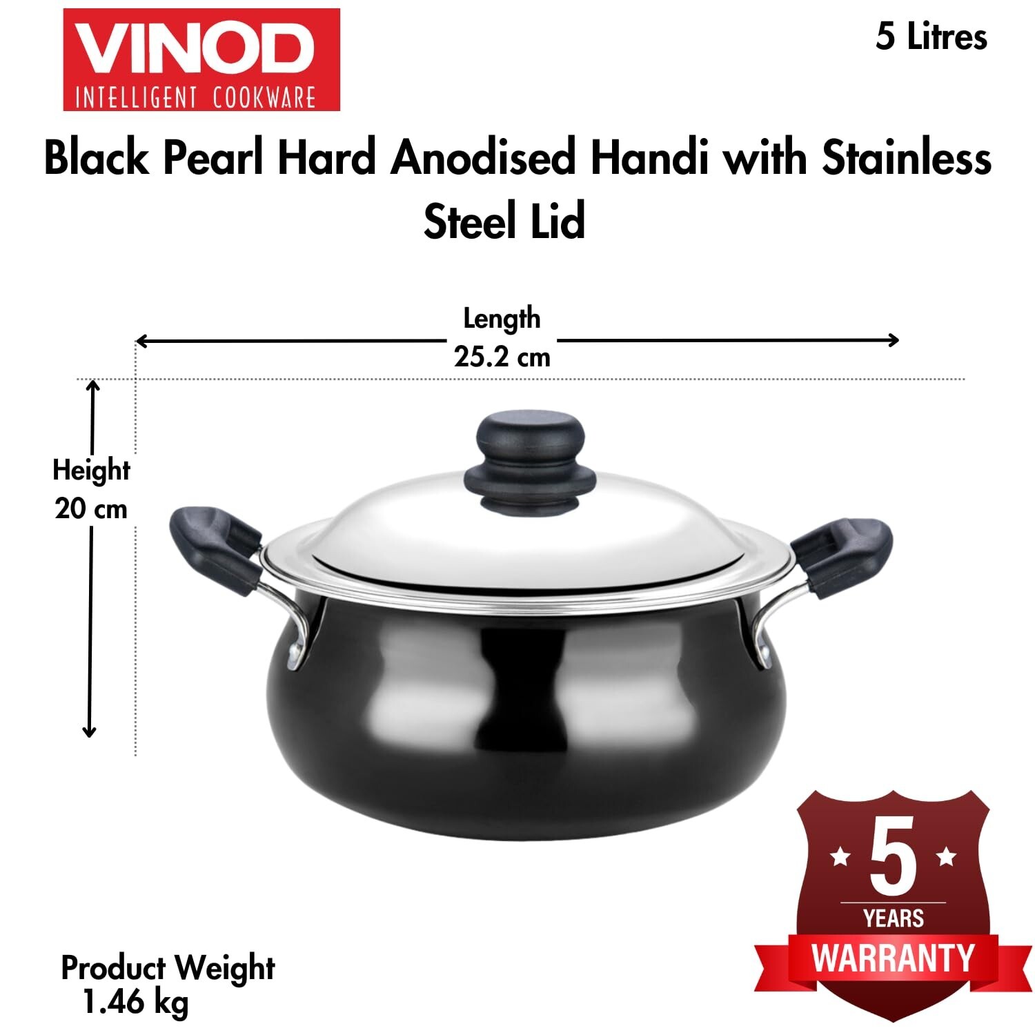 Black Pearl Hard Anodised Cooking Handi with Stainless Steel Lid (5 liters)
