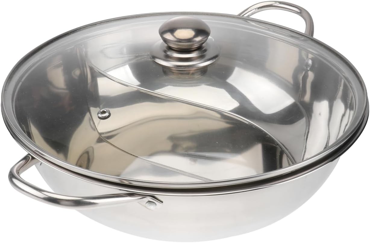 Stainless Steel Split Hot Pot with Lid 12.6 Inch Dual Section Induction Cooker