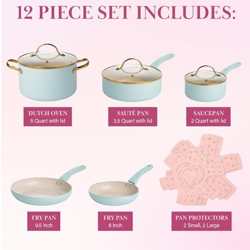 PARIS HILTON EPIC POTS PANS SET MULTI LAYER COATING TEMPERED GLASS LIDS, AQUA