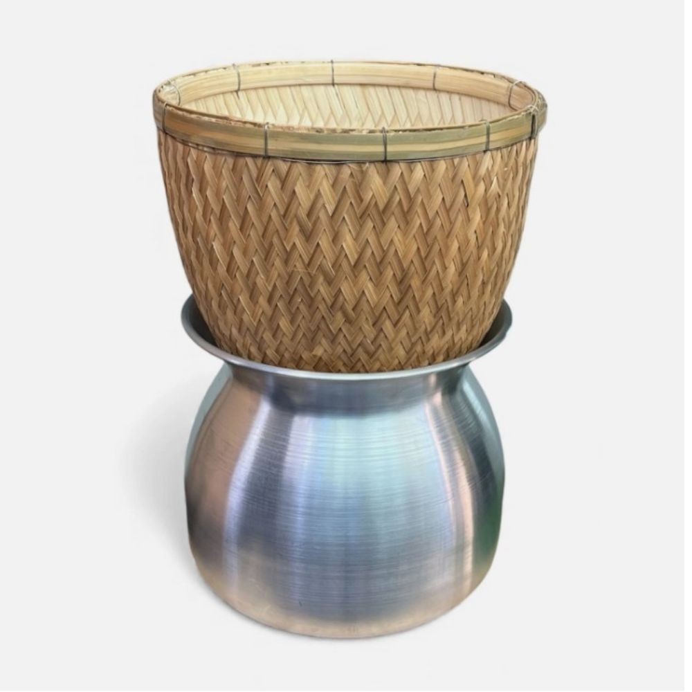 2-Piece Thai Sticky Rice Steamer Aluminum Pot with Bamboo Basket Huad Cooker Set