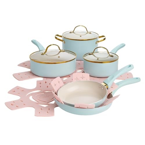PARIS HILTON EPIC POTS PANS SET MULTI LAYER COATING TEMPERED GLASS LIDS, AQUA