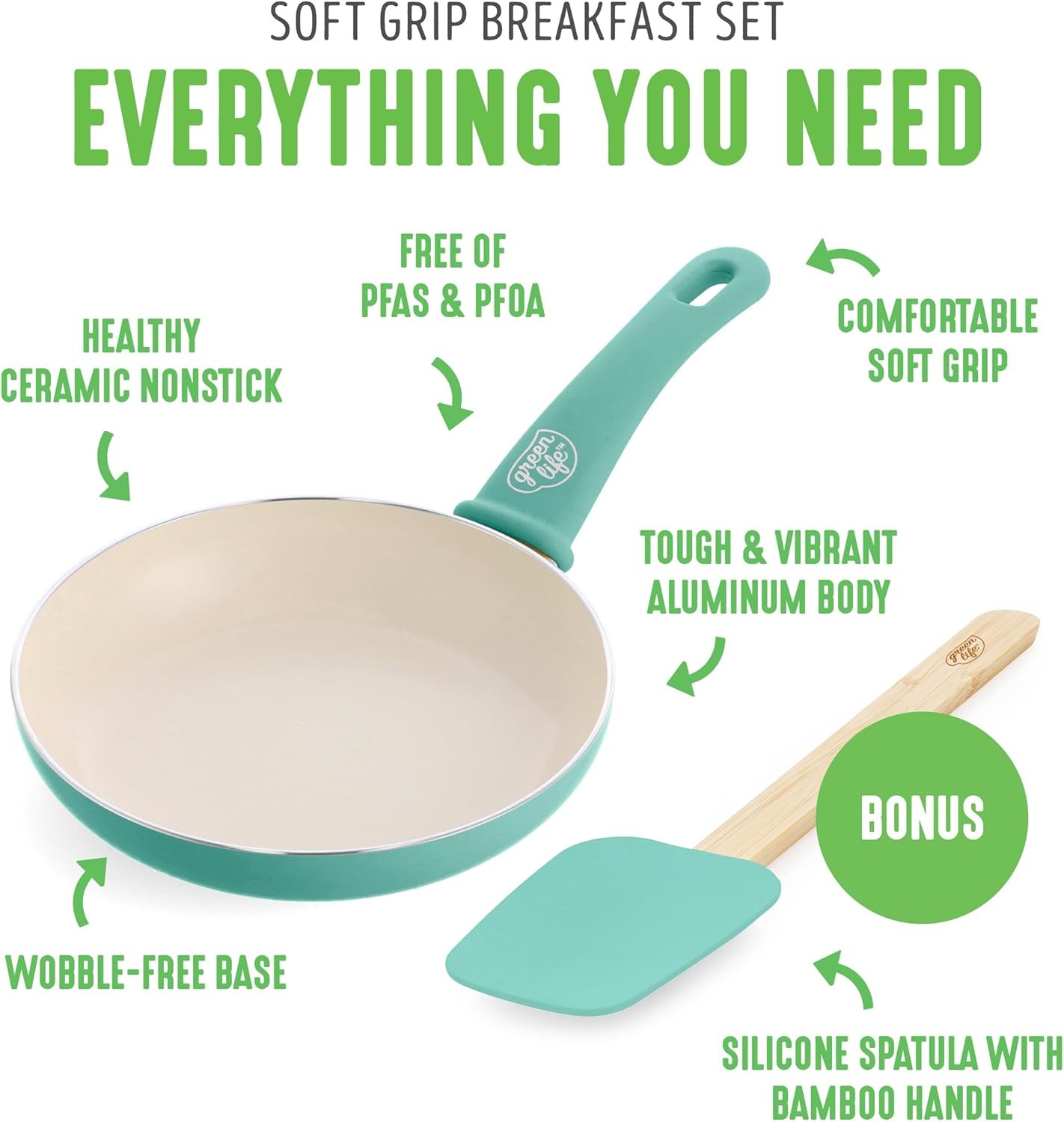 Soft Grip 8” Frypan Skillet & Spatula Breakfast Cookware Set PFAS-Free Ceramic