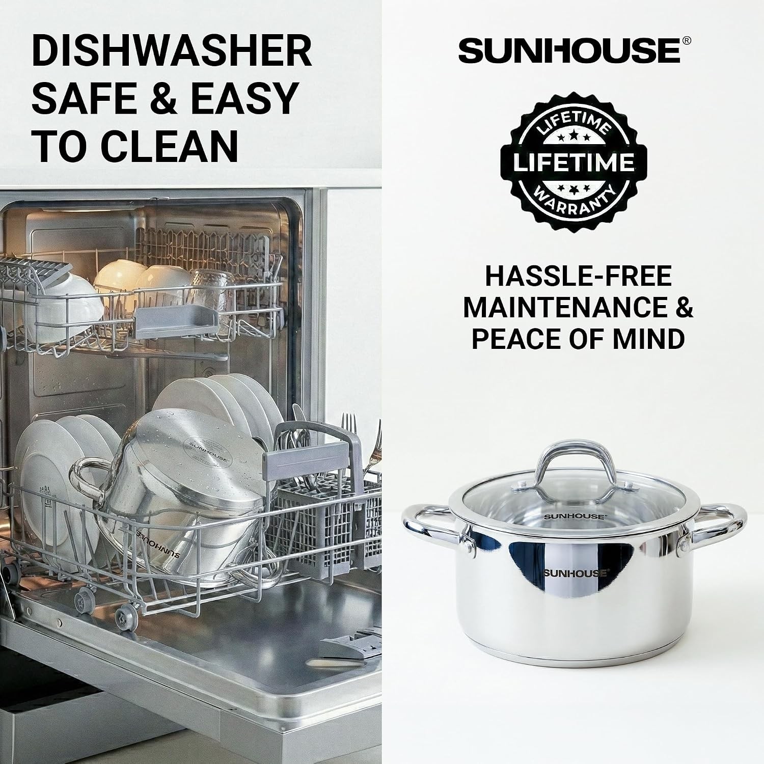 SUNHOUSE Whole-Clad 6.2 Quart Stainless Steel Stock Pot with Lid | Professional