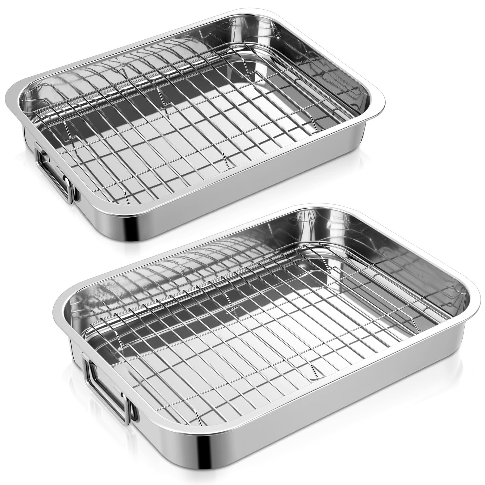 2 Set Stainless Steel Roasting Pan with Rack and Handle for Oven Roasting Pan…