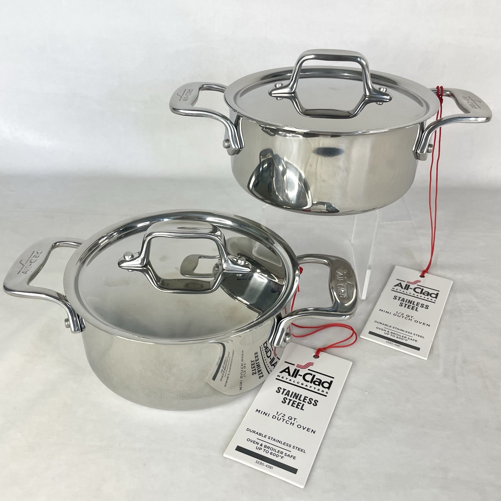 All-Clad Stainless Steel 1/2 Qt Cocotte Mini Dutch Oven With Lid Set Of 2 New
