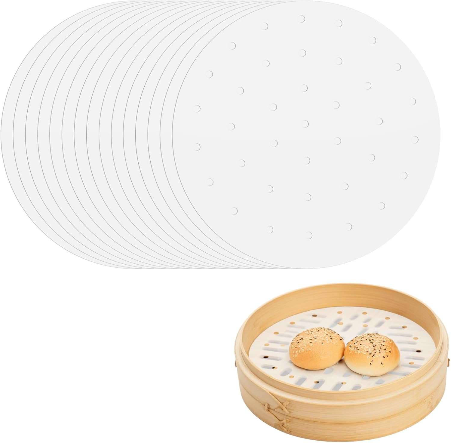 100 Pcs Bamboo Steamer Liner – 10″ round Steam Paper with Holes, White Anti-Stic