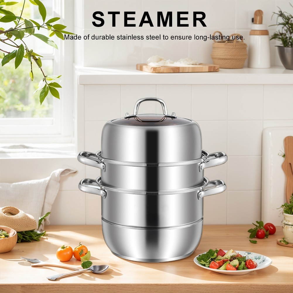 3 Tier Stainless Steel Steamer Cooker Steam Pot Kitchen Food Cooking + Glass Lid
