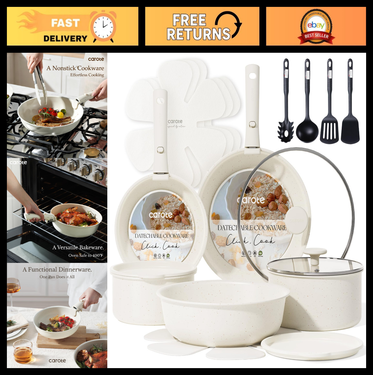 19pcs Nonstick Cookware Set with Detachable Handle, Induction & Oven Safe Kitche
