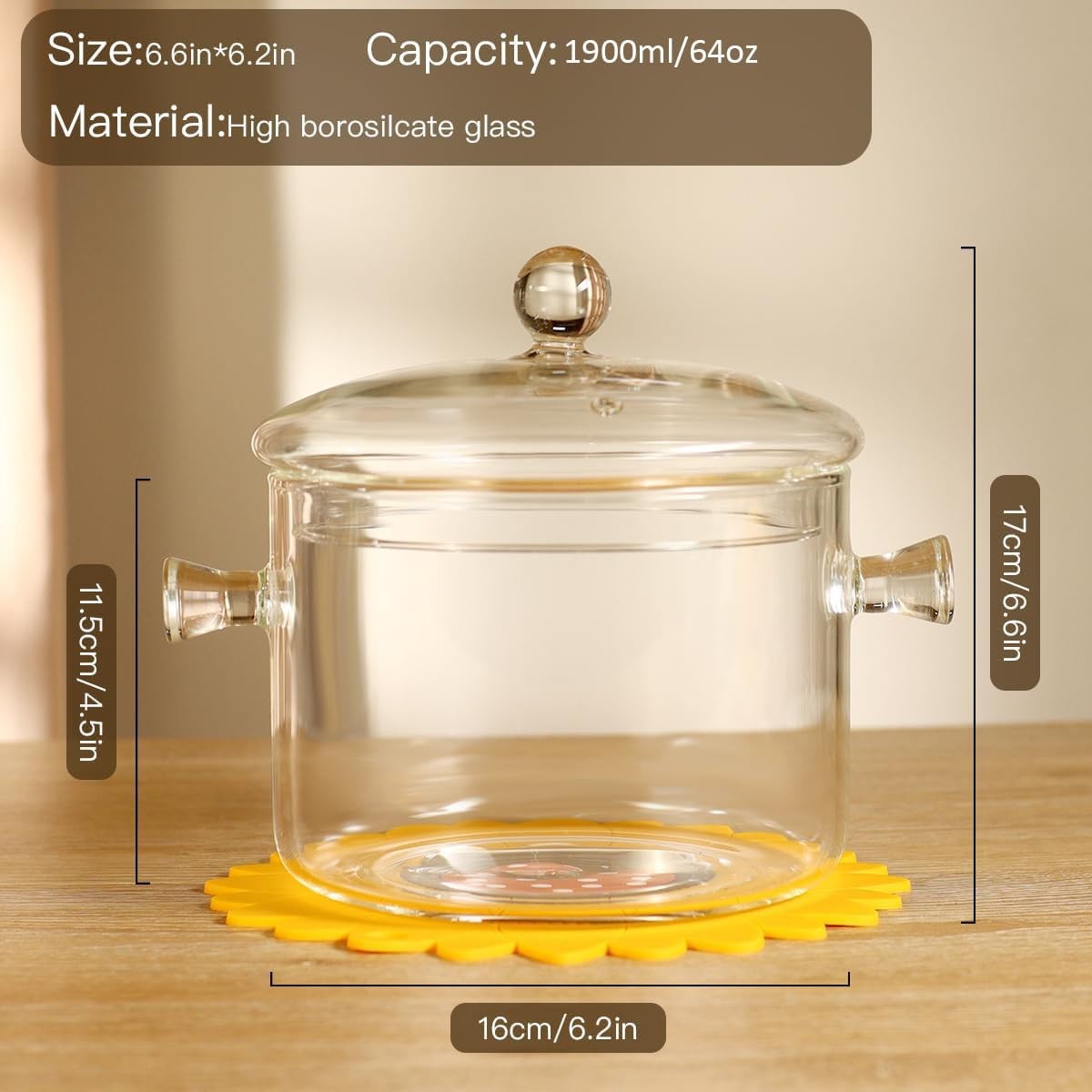 Glass Saucepan with Cover 1.9L/64OZ Heat-resistant Glass Cooking Pots Glass