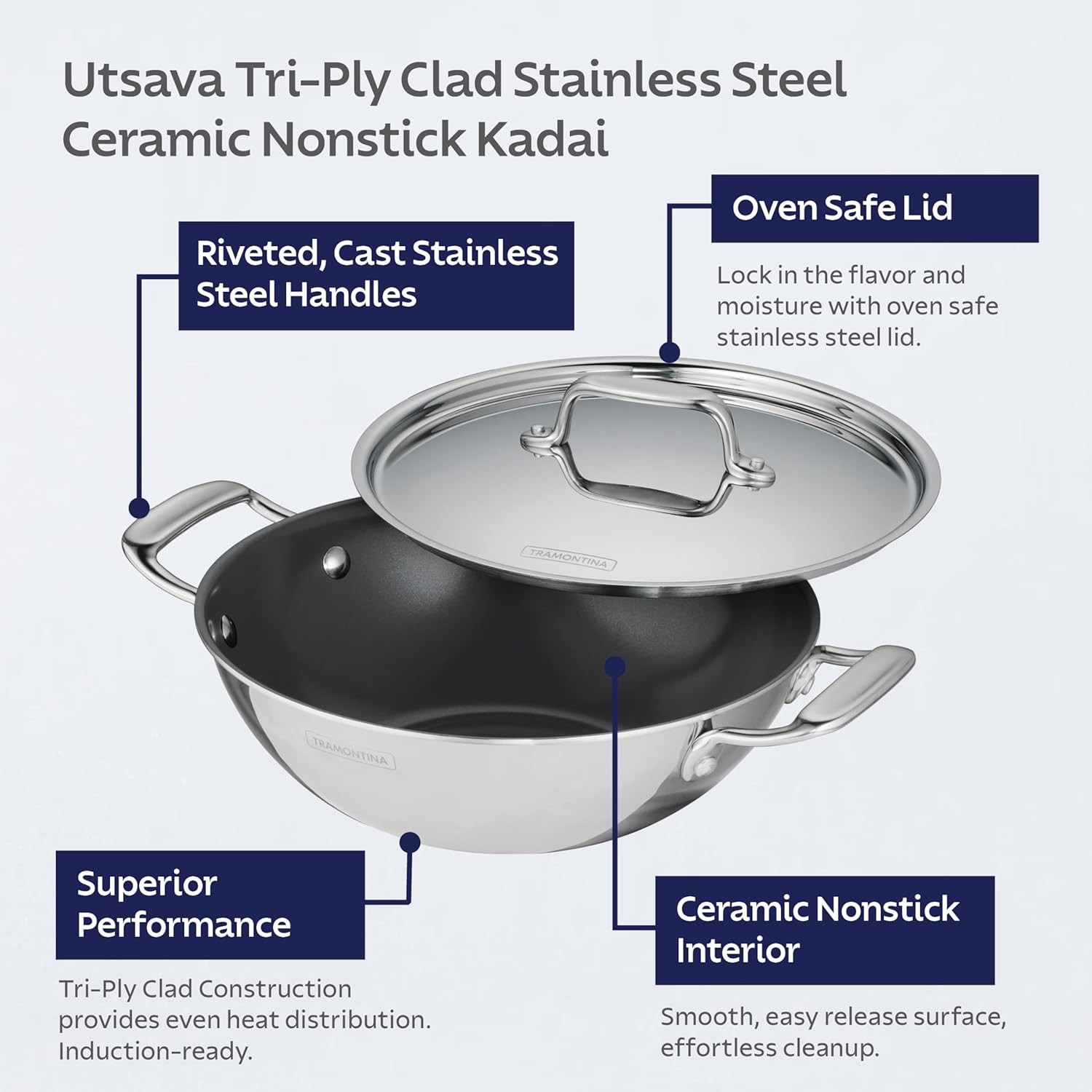 Tramontina Utsava Stainless Steel 1.7-qt. Covered Kadai with Lid/Ceramic