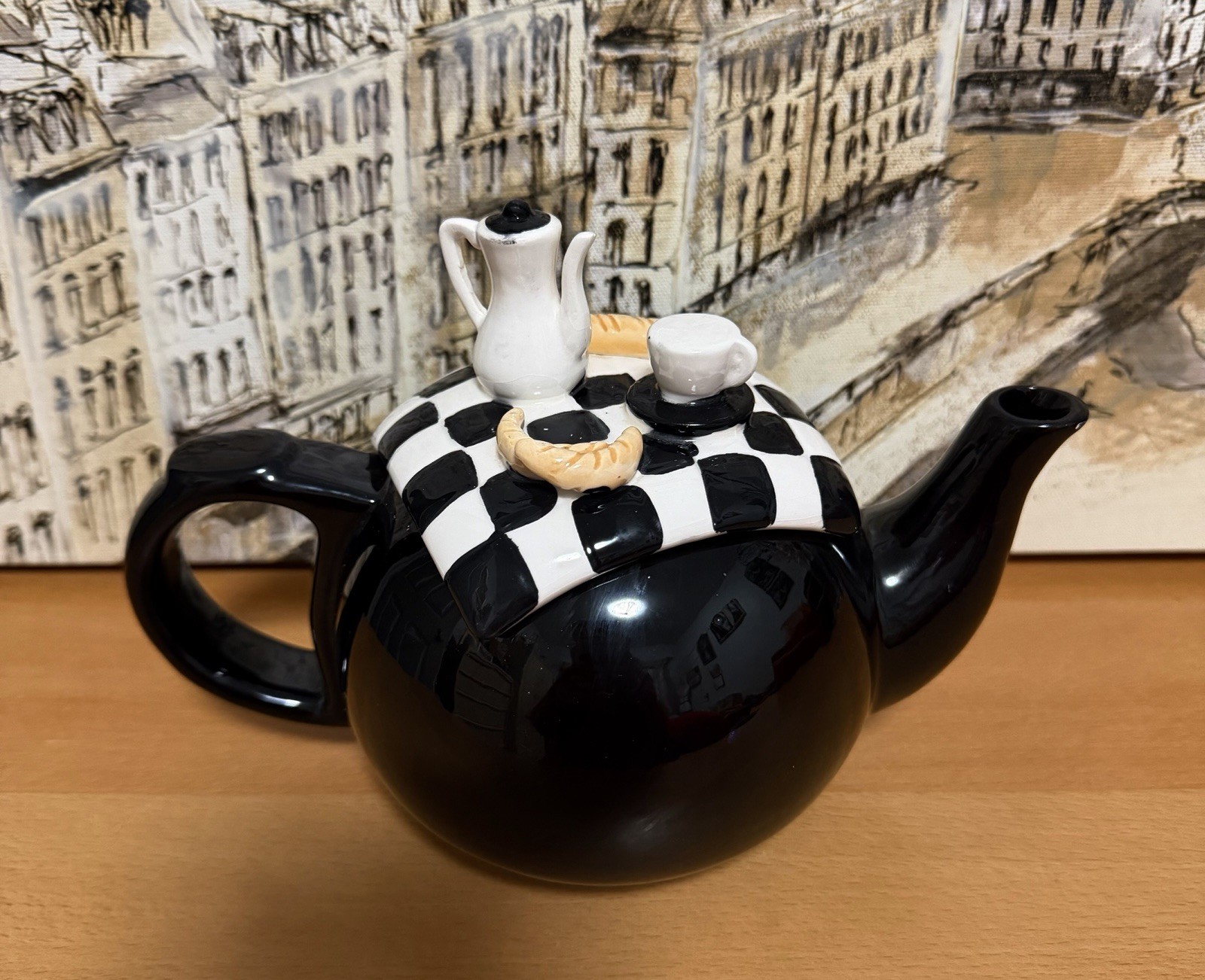 Vintage Black Teapot Checkerboard Estia Gourmet 32 oz. New Without Box.