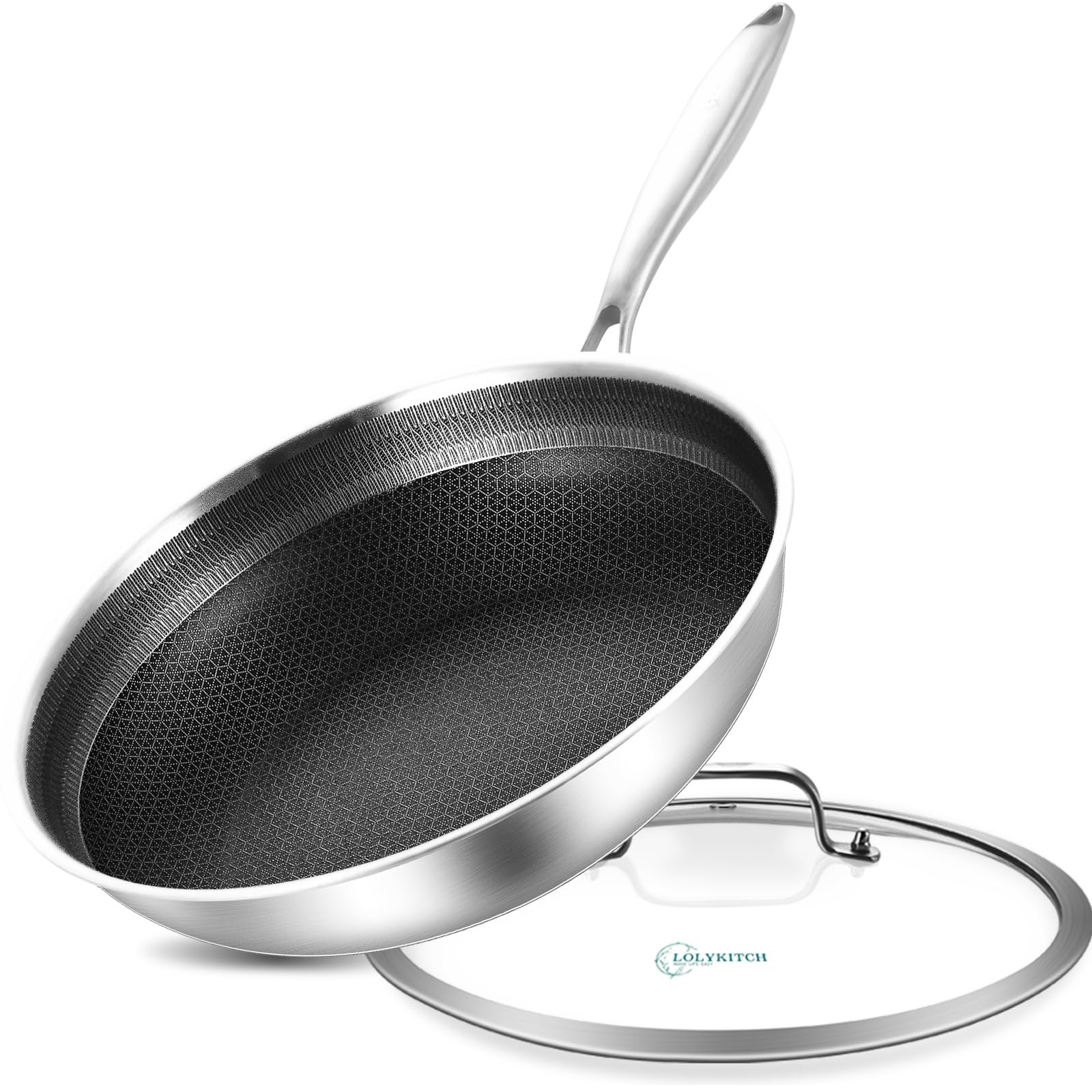 10 In Hybrid Nonstick Stainless Steel Sauté Pan with LidDeep Frying PanSkille…