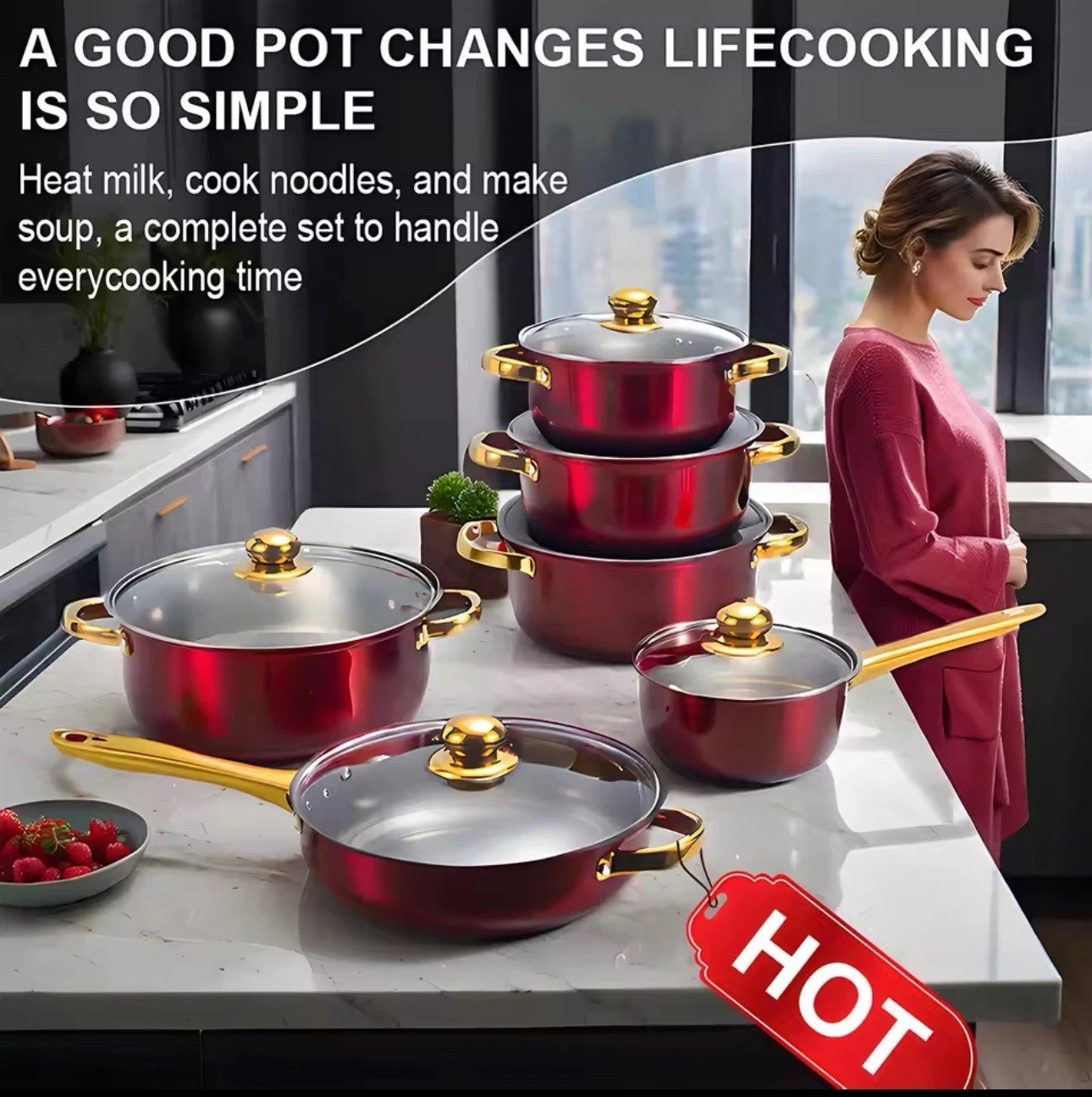 12Pcs Red Stainless Steel Non-Stick Cookware Set Kitchen Pot Frying Pan Saucepan