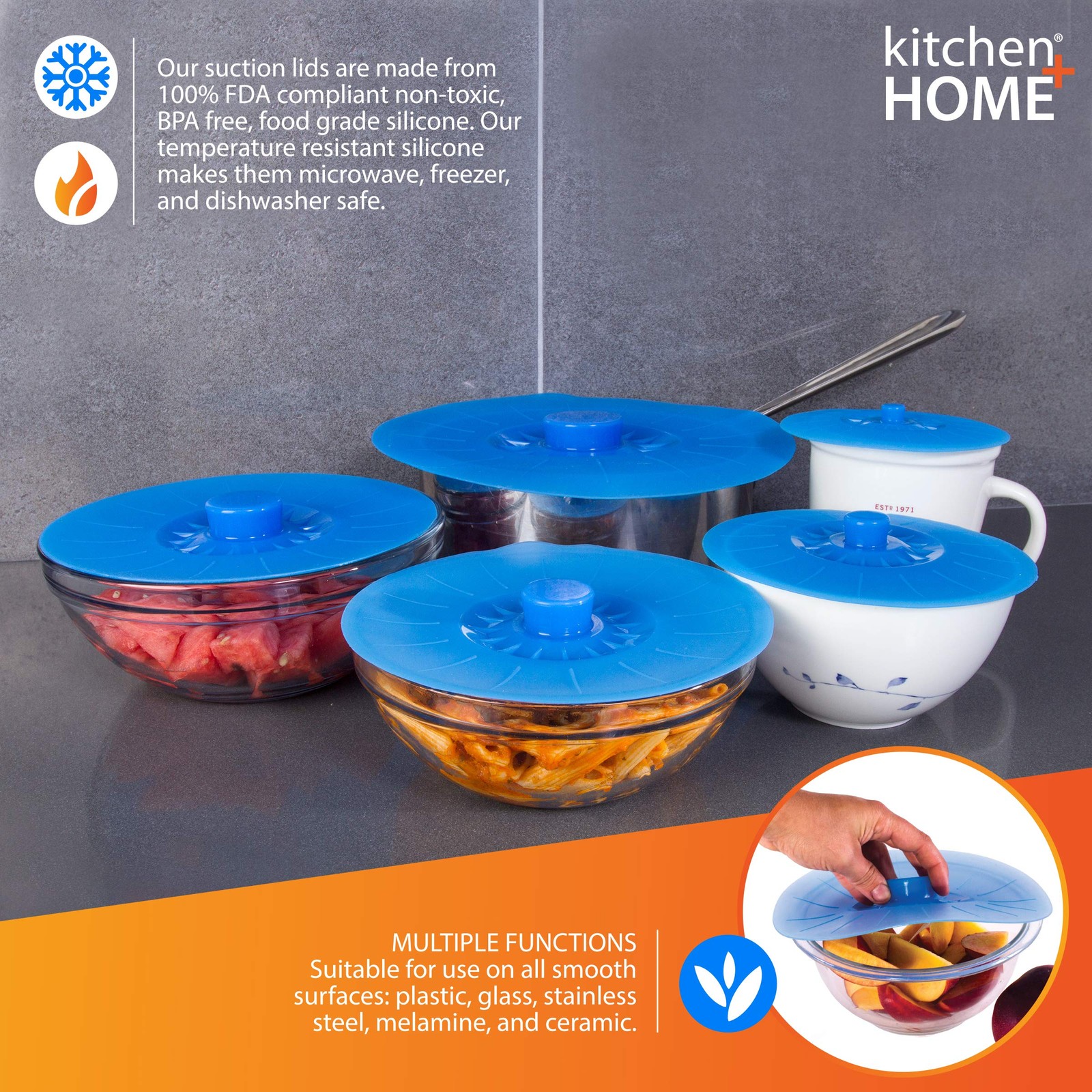Kitchen + Home Silicone Suction Lids and Food Covers – Set of 5 – Fits variou…