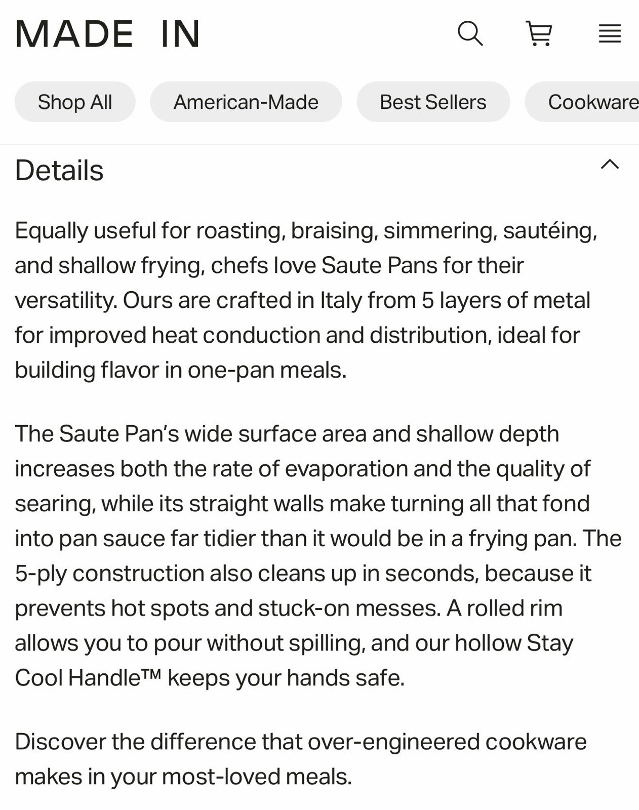 Made In | Stainless Steel Saute Pan 3.5QT w/Lid | Gas Electric Induction