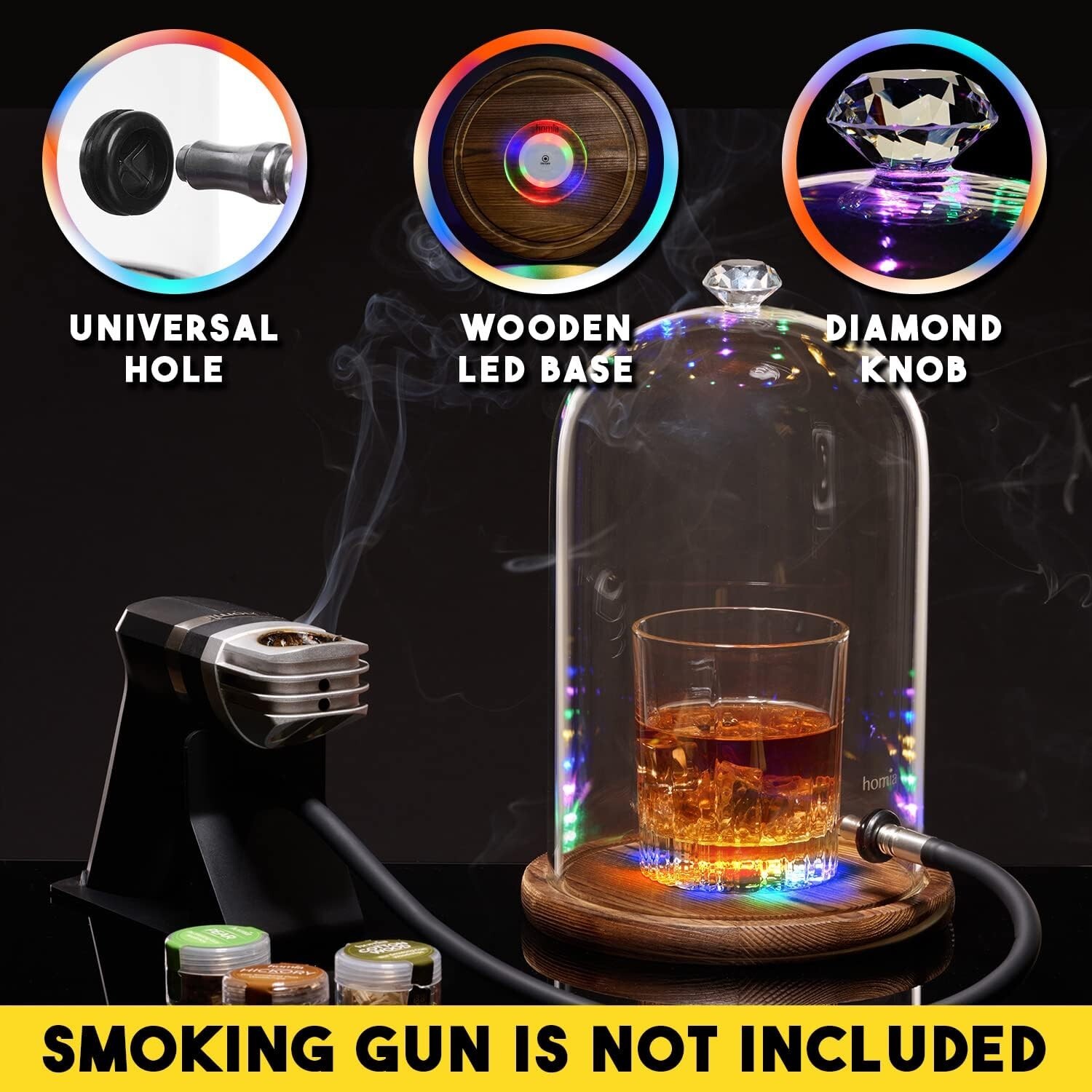 Smoking Gun Accessory LED lights Glass Dome 10.2 x 5.5 Lid Wooden Base Glass