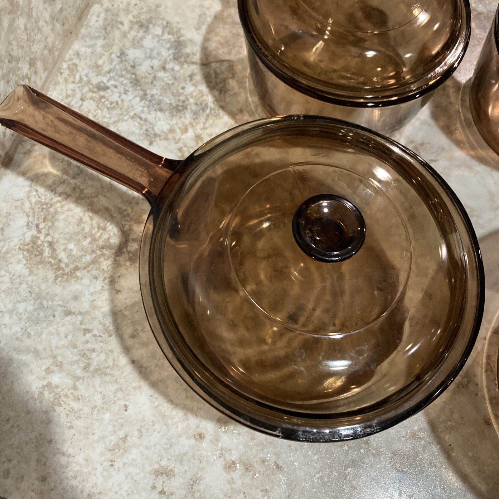 Corning Visions Amber Saucepans 8 PC Set 2.5L, 1.5L, 1L, 1L with Pyrex Lids VTG
