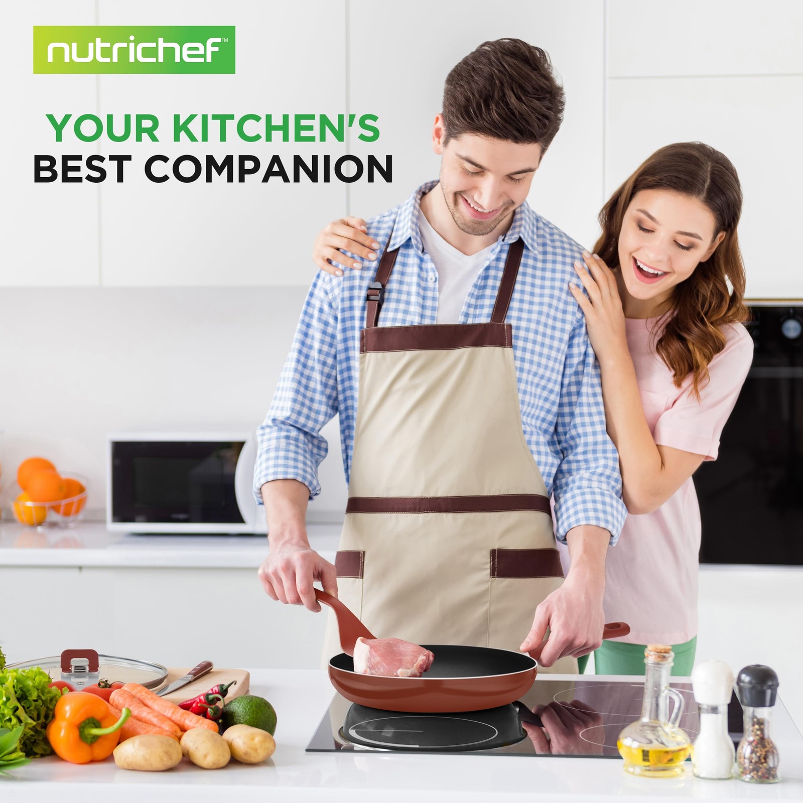 NutriChef Space Saver 17-Piece Nonstick Cookware Set – Brown One Size,