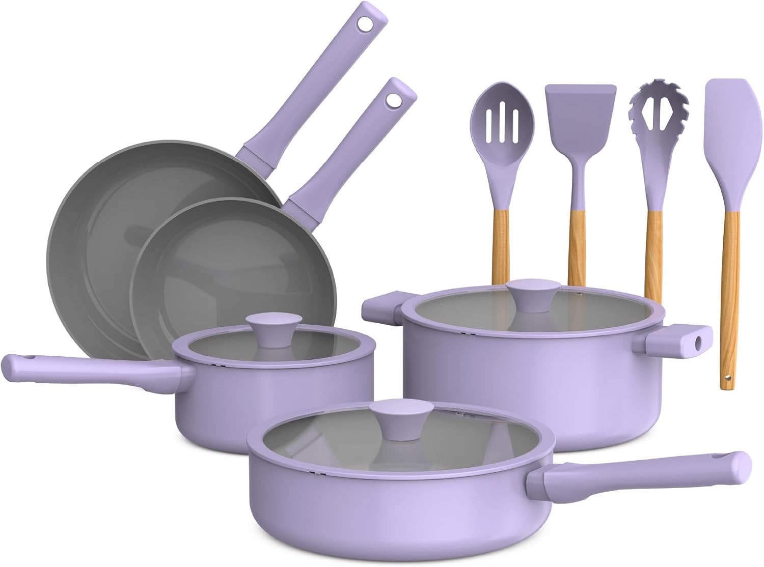12 Piece Cookware Set w EverGood™ Ceramic Nonstick Coating​ Wood Utensils