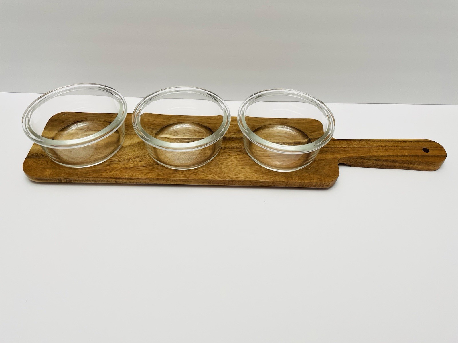 Home Essentials Table Setter Acacia Wood Serving With 3 Glass Bowls