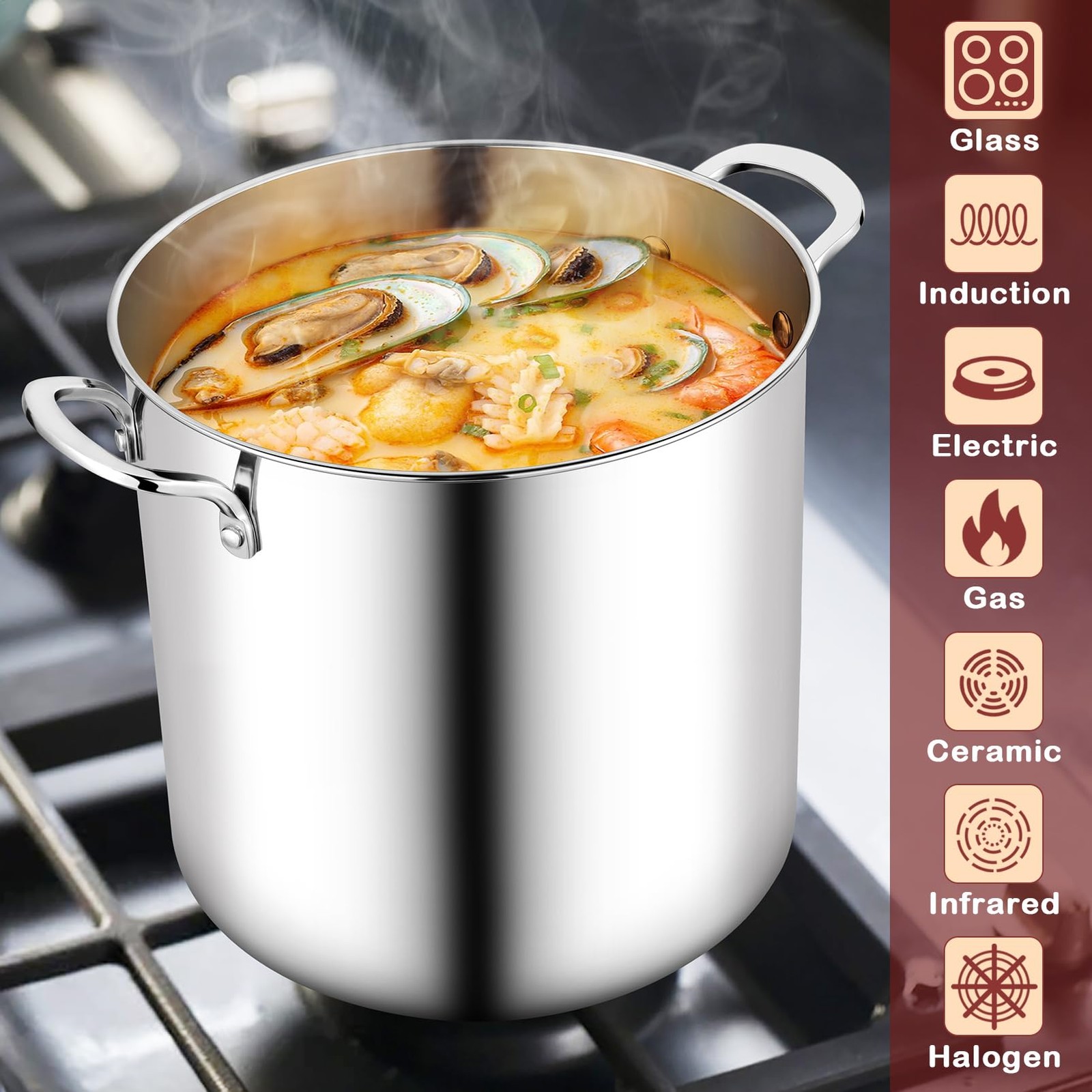 TeamFar 12 Quart Stock Pot, Stainless Steel Tri-ply Stockpot Large Pasta Soup Co