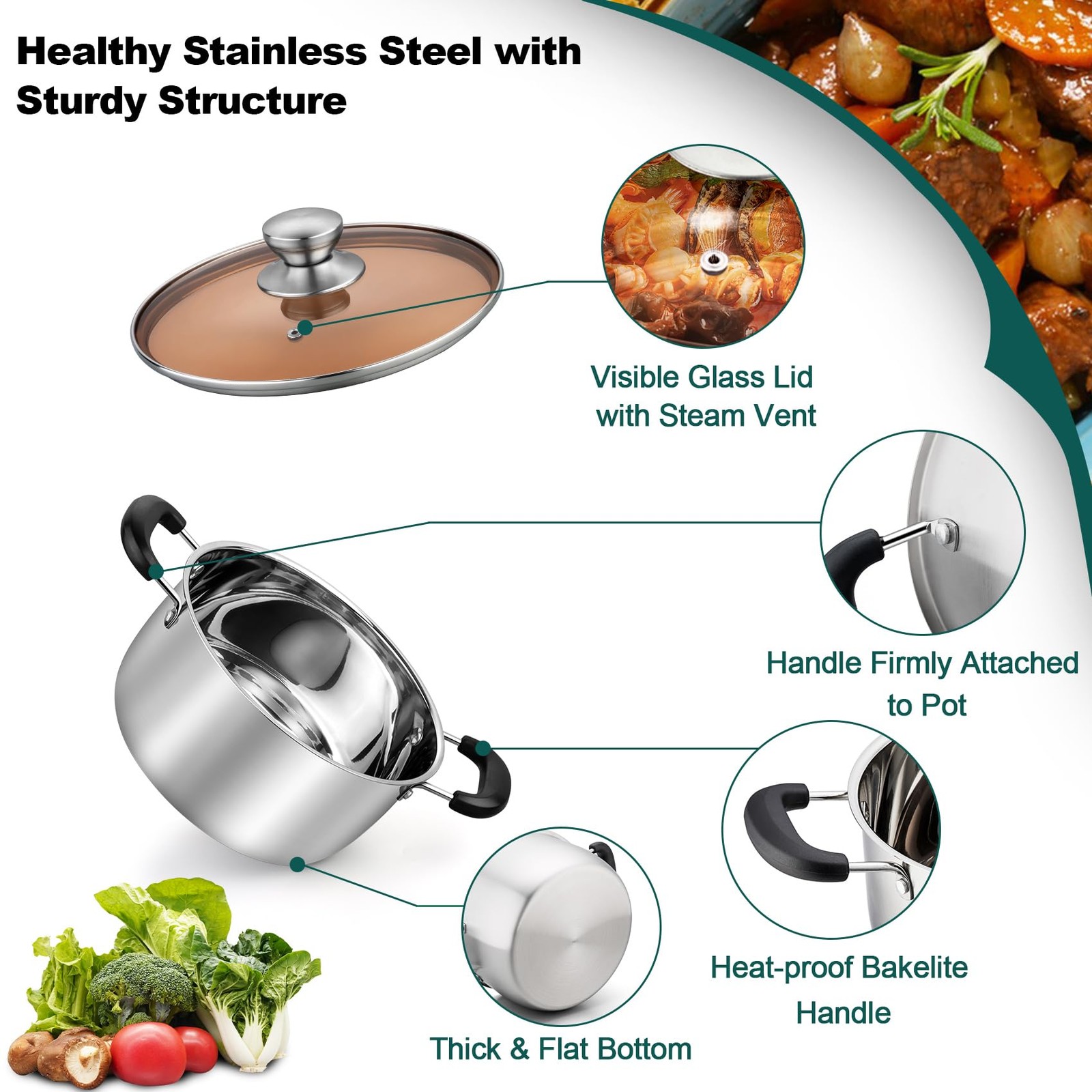TeamFar 3 Quart Stock Pot, Stainless Steel Stock Pasta Soup Pot with Lid, Tem…