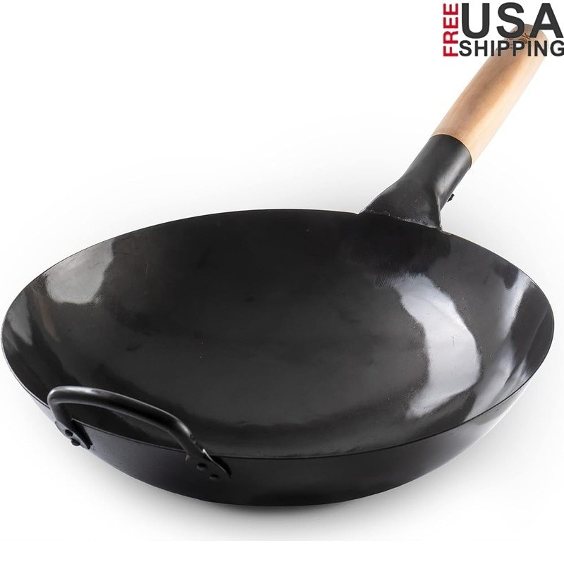 Pre-seasoned 13 Inch Carbon Steel Wok Traditional Round Bottom Stir Fry Pan New