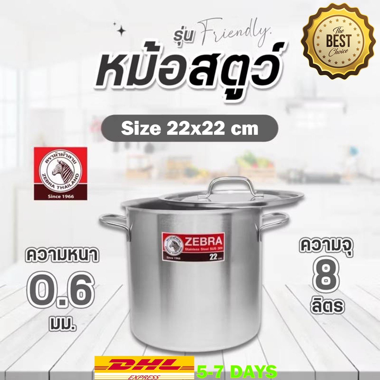 Premium Stainless Steel Stockpot 8L Stew Pot 22×22 cm Food Grade Thai Kitchenwar