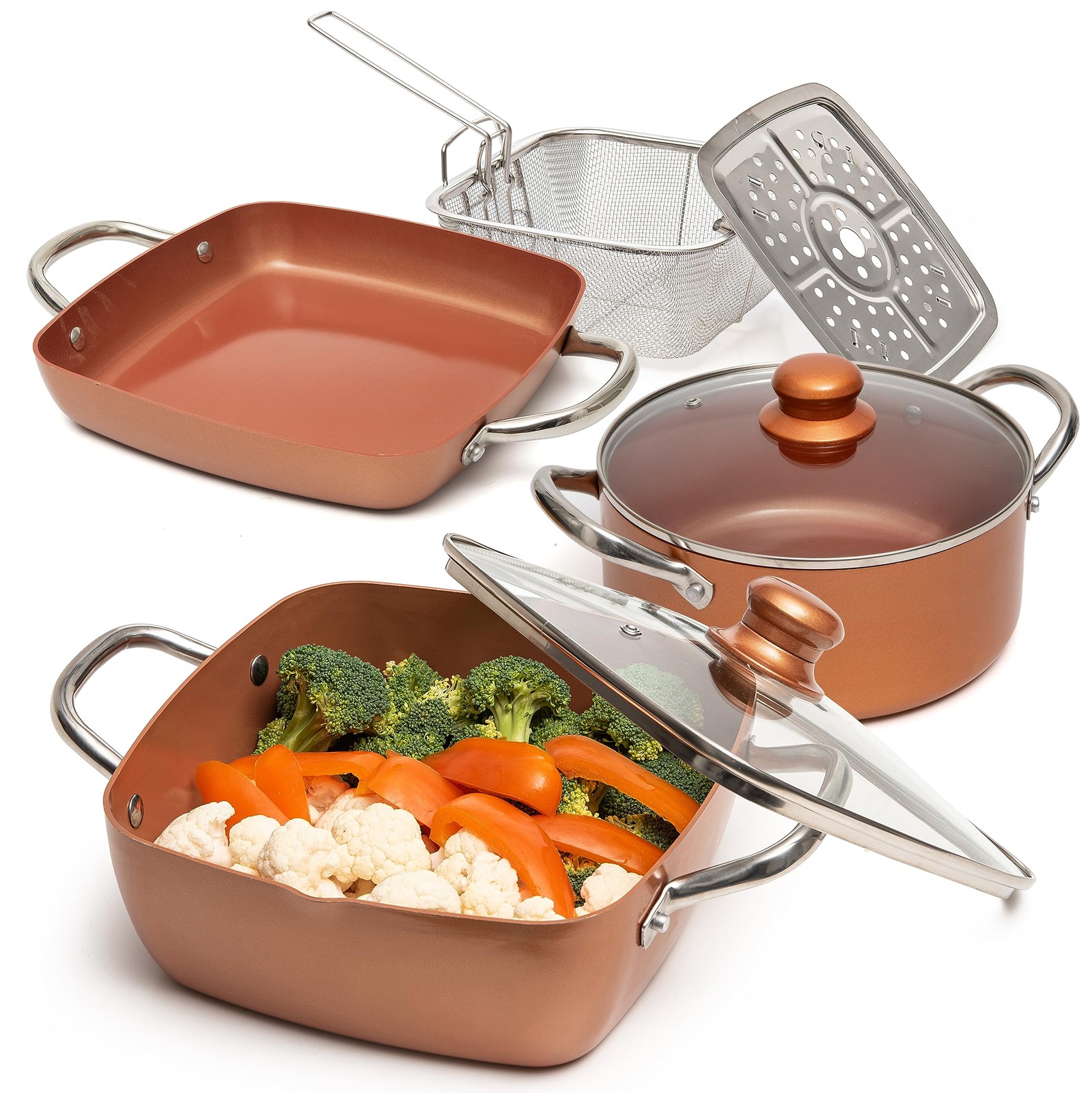 Moss & Stone 7PC Copper Nonstick Square Deep Frying Pan 5Qt Round Pot Basket Set