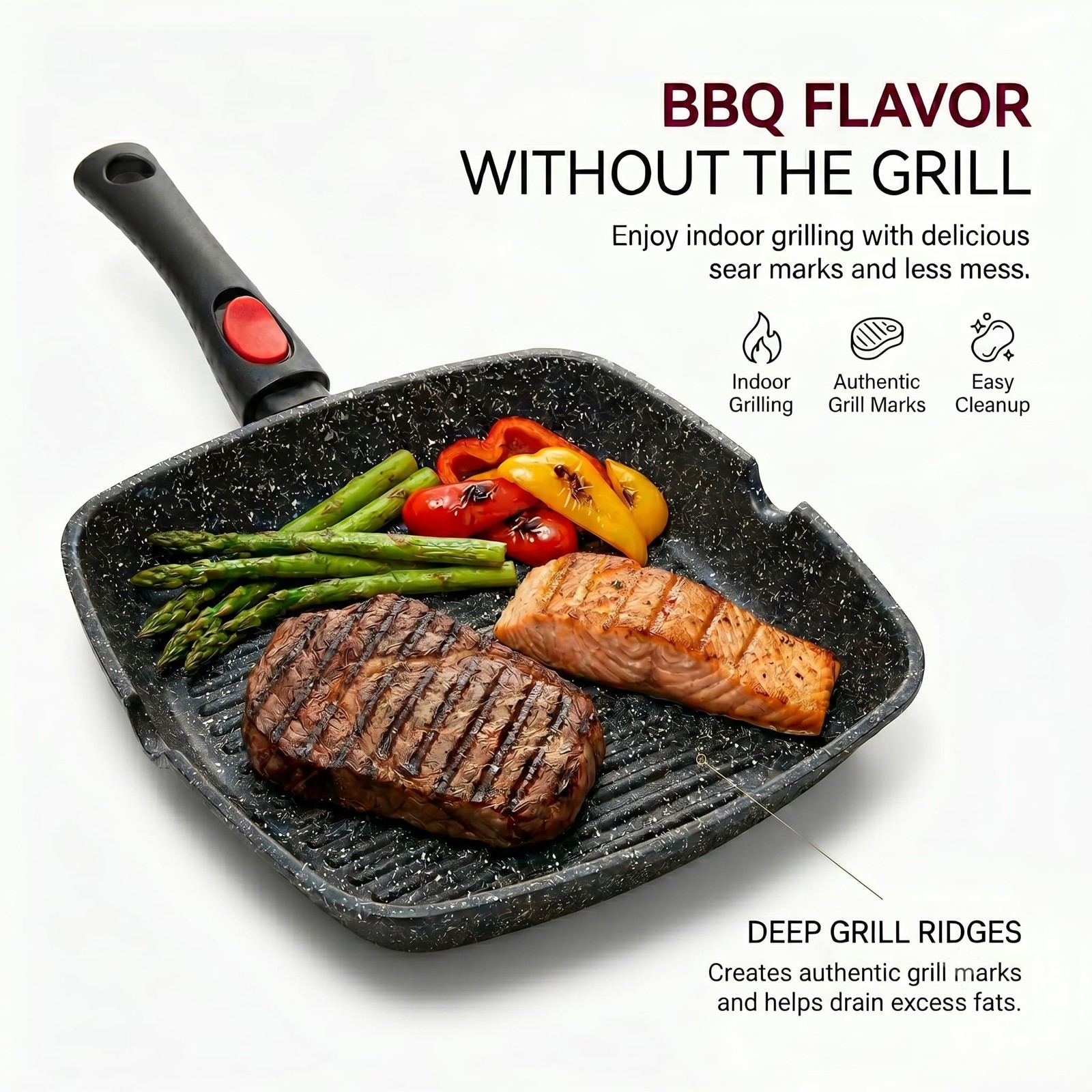 Square Nonstick Indoor Grill Pan Removable Handle Aluminum Griddle Skillet