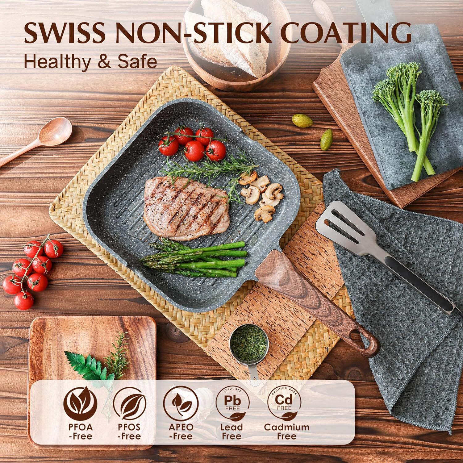 Stovetop Non-Stick Grill Pan, Multi-Function Grill with Pouring Spout,Frying Pan