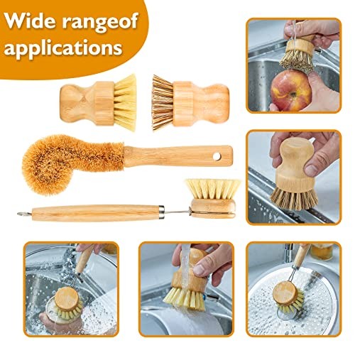 Bamboo Dish Brushes Sets 4 Tools in One Kitchen Clean Dish Scrubber for Pots