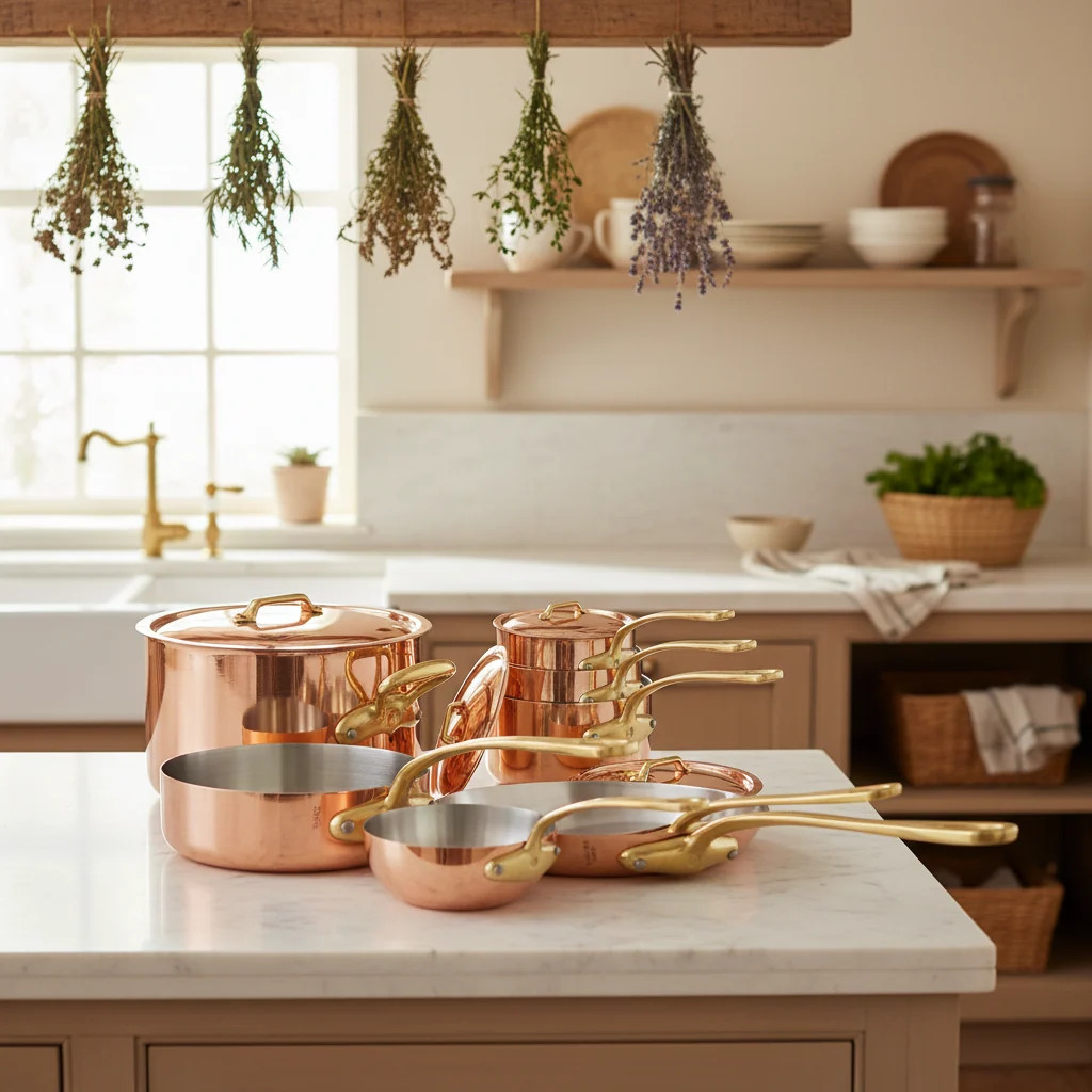 Mauviel M’Heritage M’200 B 12-Piece Copper Cookware Set With Brass Handles